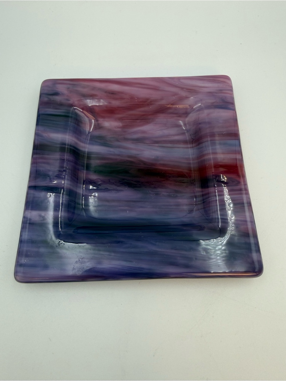 Fused Glass Trinket Dish Cranberry, Pink, Purple Swirl  6” Signed